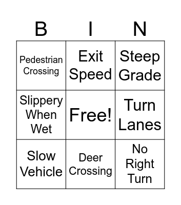 Road Sign Bingo Card