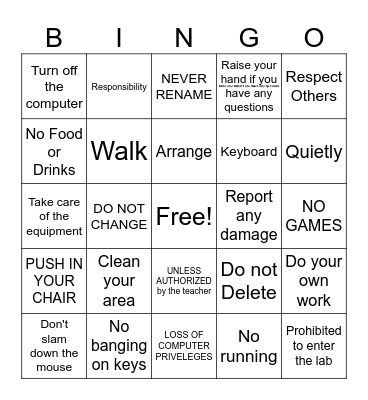 COMPUTER LAB RULES Bingo Card