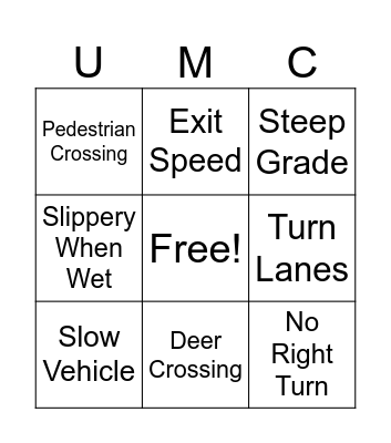 Road Sign Bingo Card
