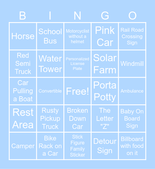 Road Trip Bingo! Bingo Card