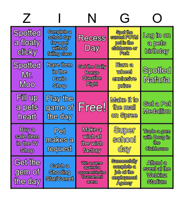 Webkinz Wacky Bingo Card