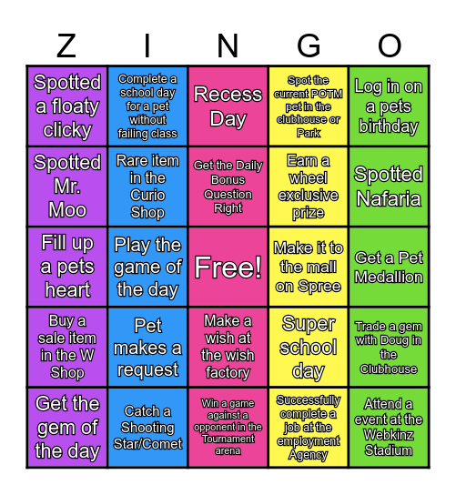 Webkinz Wacky Bingo Card