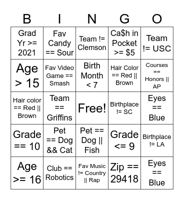 APCSP Boolean Bingo Card