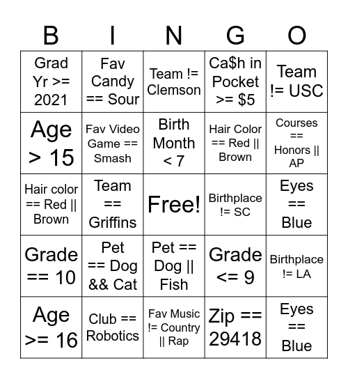 APCSP Boolean Bingo Card