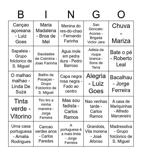 Portuguese Music Bingo Card