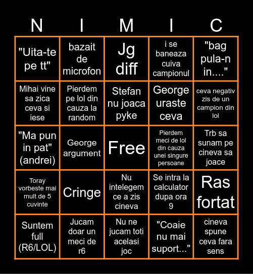 Nimic Bingo Card