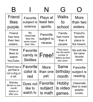 All About Me Bingo Card