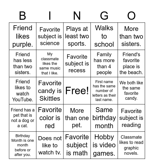 All About Me Bingo Card