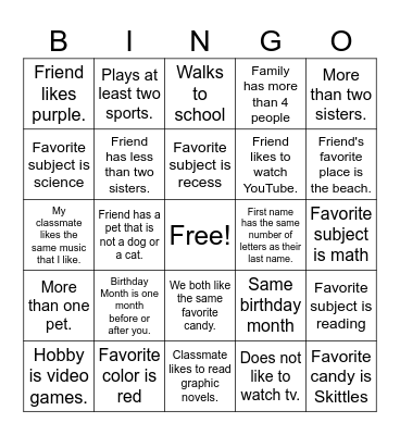 All About Me Bingo Card
