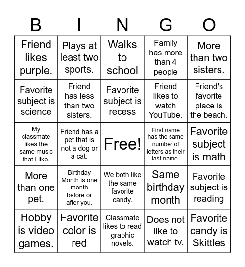 All About Me Bingo Card