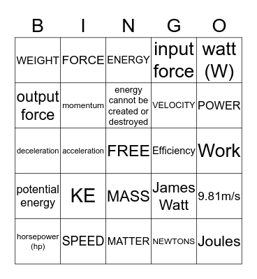 PHYSICAL SCIENCE BINGO Card