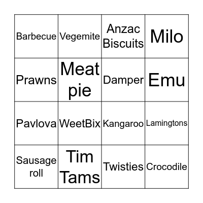 Australian food Bingo Card