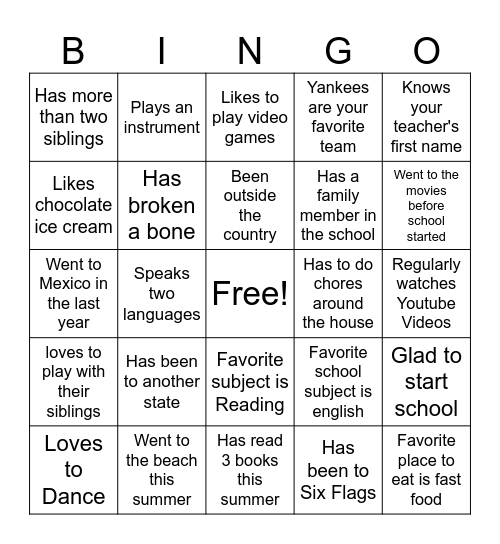 First Day of School Bingo Card