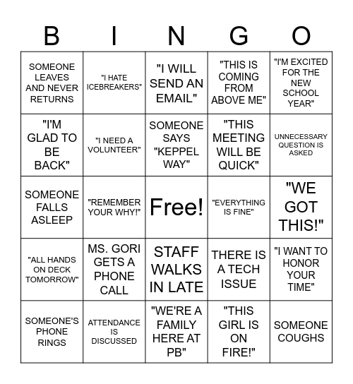 WELCOME BACK Bingo Card