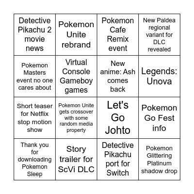 Pokemon Presents Bingo Card