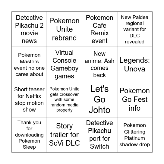 Pokemon Presents Bingo Card