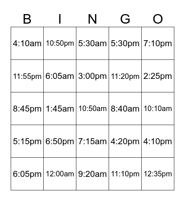 Military Time Bingo Card