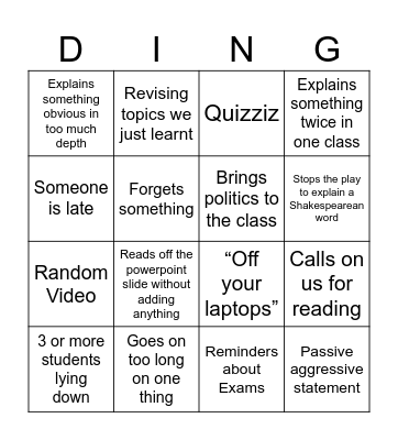 English Class Bingo Card