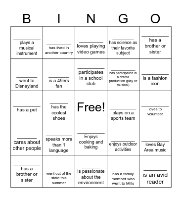 Welcome Back to Mills BINGO! Bingo Card