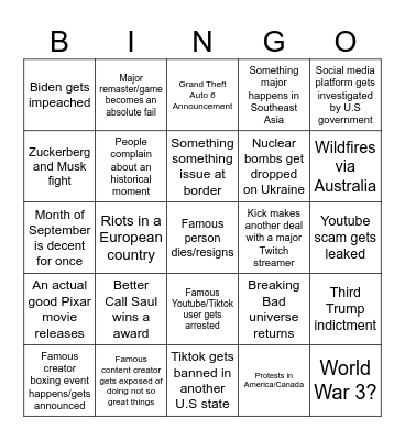 2023 Second Half Bingo Card