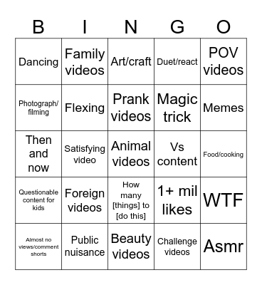 Youtube shorts - Bingo Card