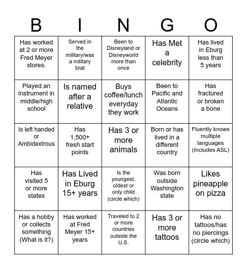 Get to know your Co-workers Bingo Card
