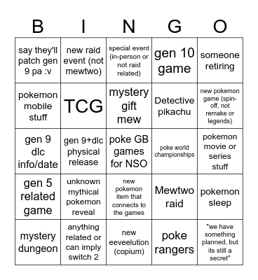 Pokemon Presents Bingo Card
