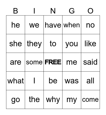SIGHT WORDS Bingo Card