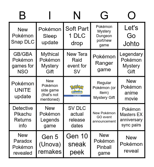 Pokémon Presents 8/8/23 Bingo Card