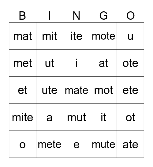 Short and Long Vowels Bingo Card