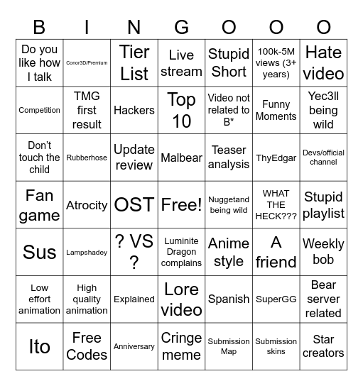 BEAR* YOUTUBE BINGO Card