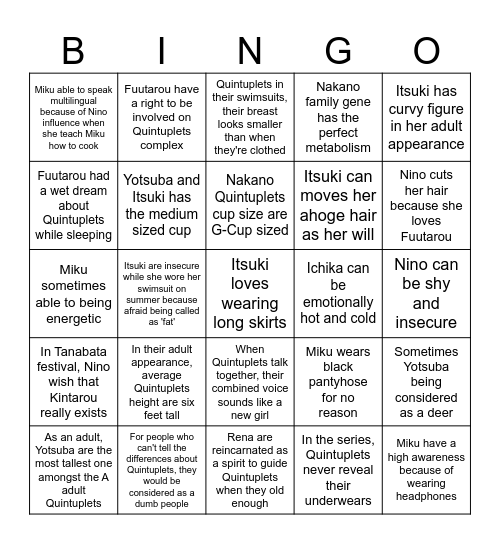 Quintessential Quintuplets Bingo (extreme level) Bingo Card