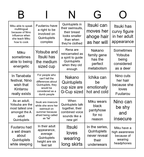 Quintessential Quintuplets Bingo (extreme level) Bingo Card