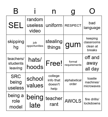 'roona assembly bingo Card