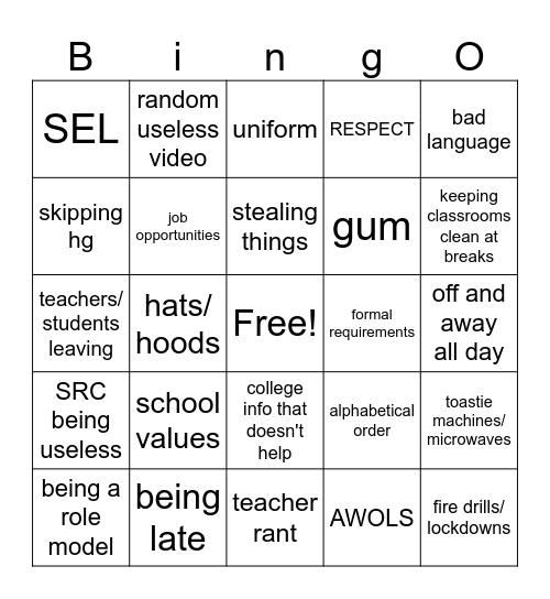 'roona assembly bingo Card