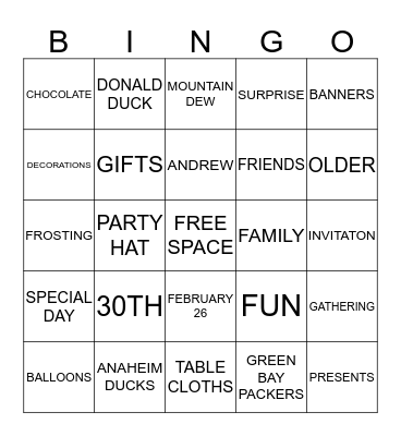 ANDREW'S 30TH BIRTHDAY Bingo Card