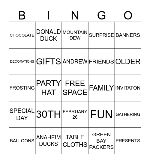 ANDREW'S 30TH BIRTHDAY Bingo Card