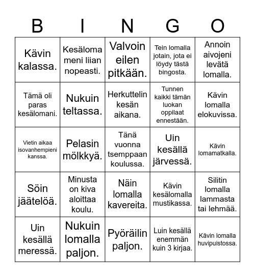 Kesälomalta paluu BINGO Card