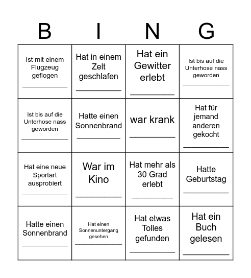 Sommerferien Bingo Card