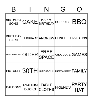 ANDREW'S 30TH BIRTHDAY Bingo Card