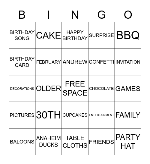 ANDREW'S 30TH BIRTHDAY Bingo Card