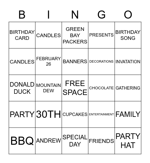 ANDREW'S 30TH BIRTHDAY Bingo Card