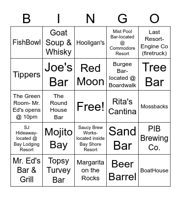 Put-In-Bay Bar Bingo Card