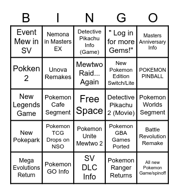 Pokemon Presents Bingo Card