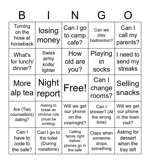 Camper Bingo Card