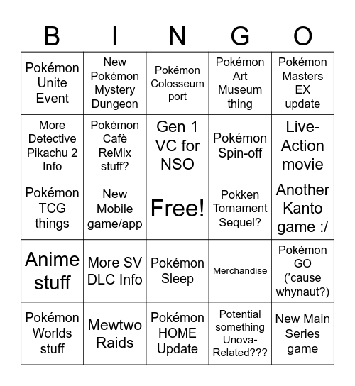 Pokémon Presents Bingo Card