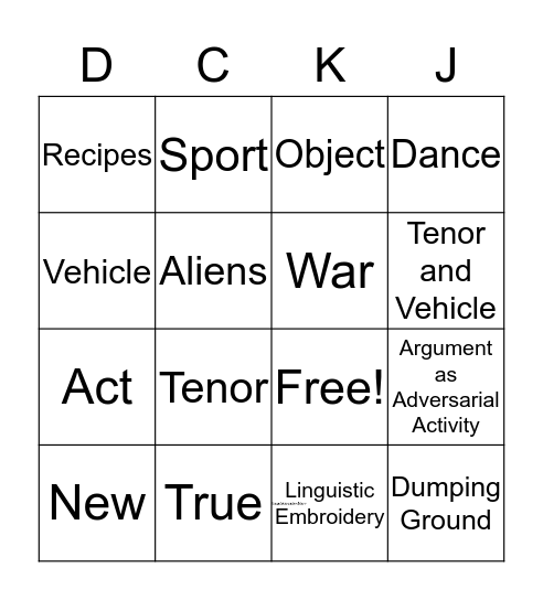 Metaphor BINGO Card