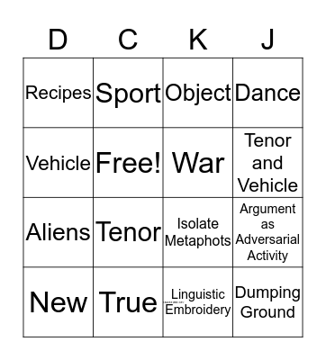 Metaphor BINGO Card