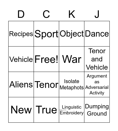 Metaphor BINGO Card