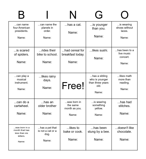 Find Someone Who Bingo Card